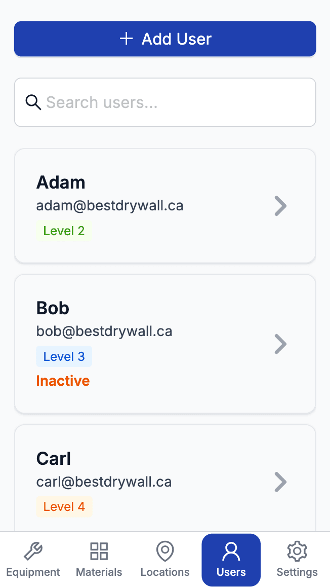 Users management screen