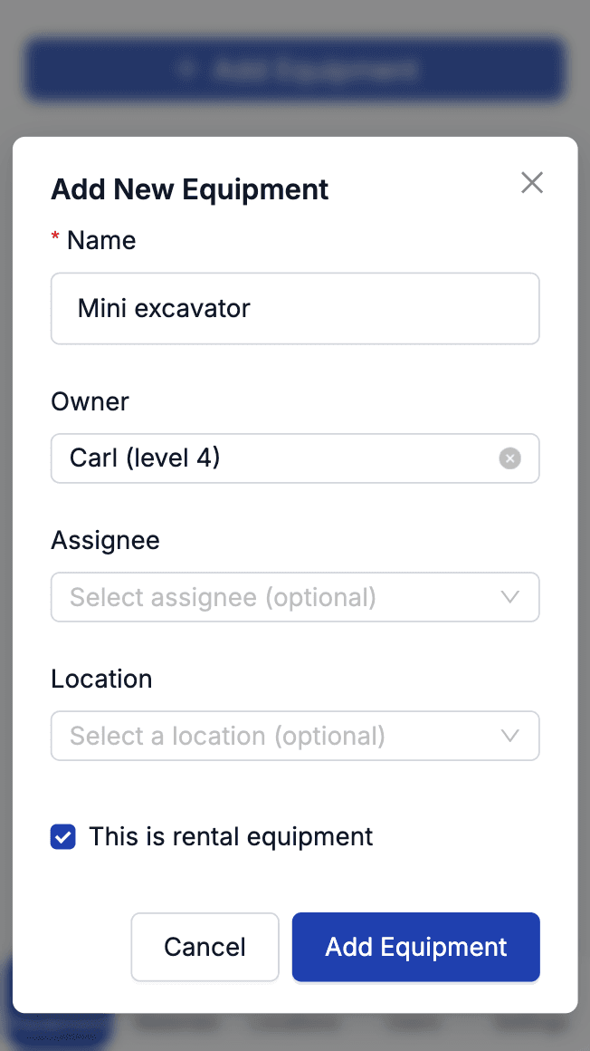 Equipment list screen