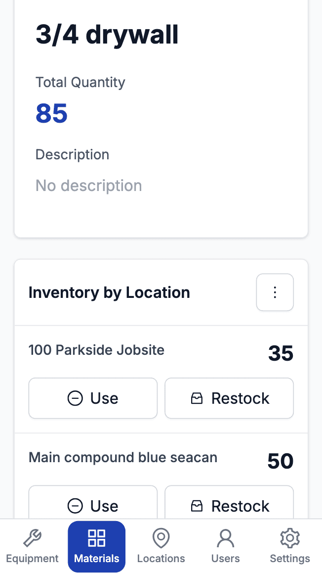 Equipment tracking screen